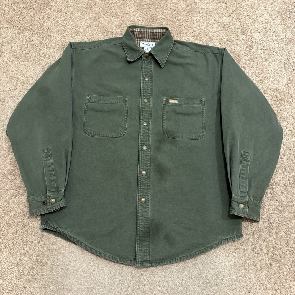 Vintage Carhartt Flannel Lined Shacket Men Medium Green Snap Front Jacket S96MOS